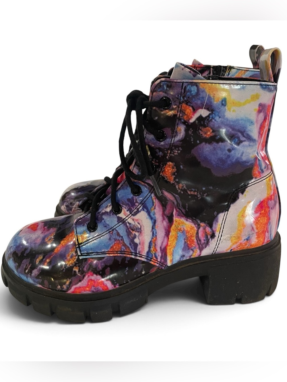 Soda Youth Glossy Multicolor Marble Lace-Up  Side Zip Combat Boots